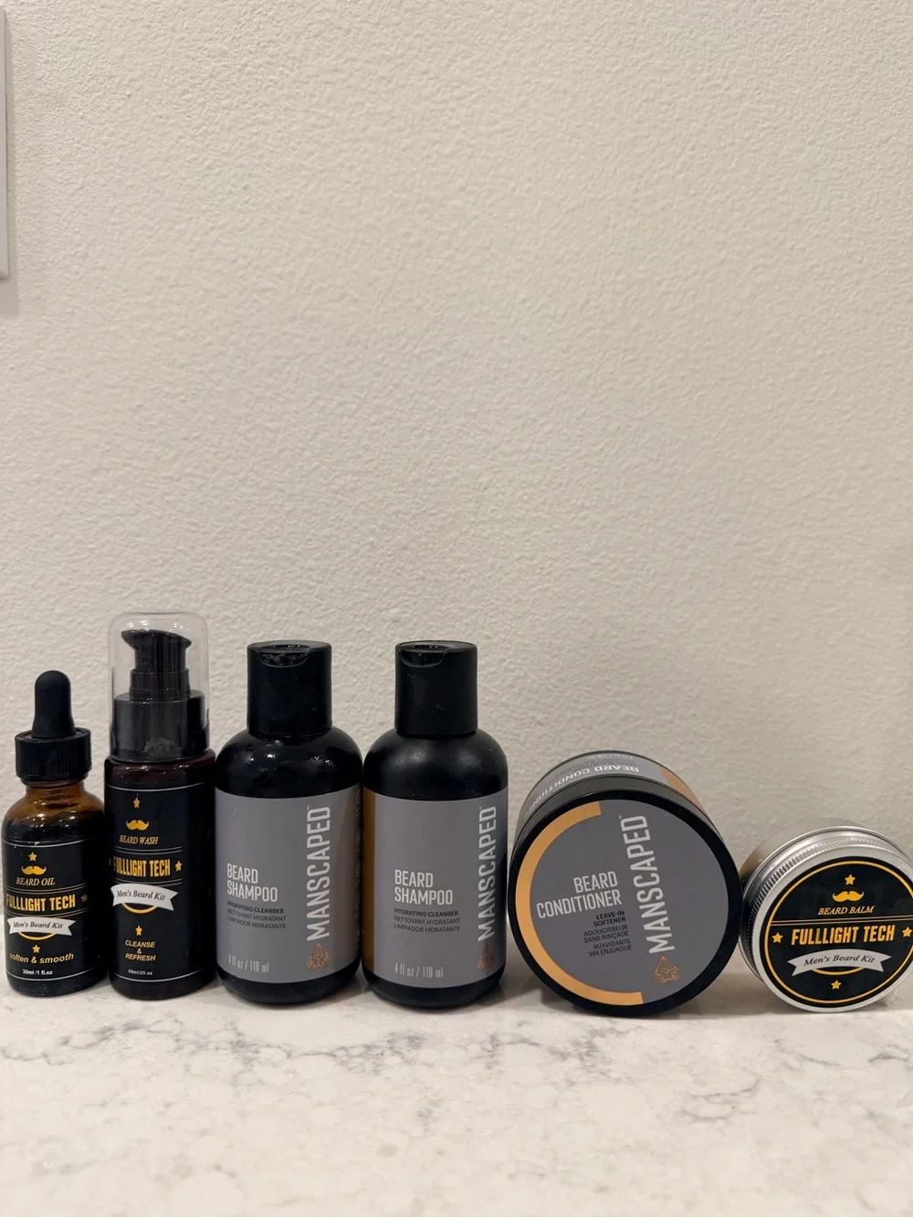 Manscaped and Fulllight Tech set of 6 Beard Shampoo, Conditioner, Balm, and Oil